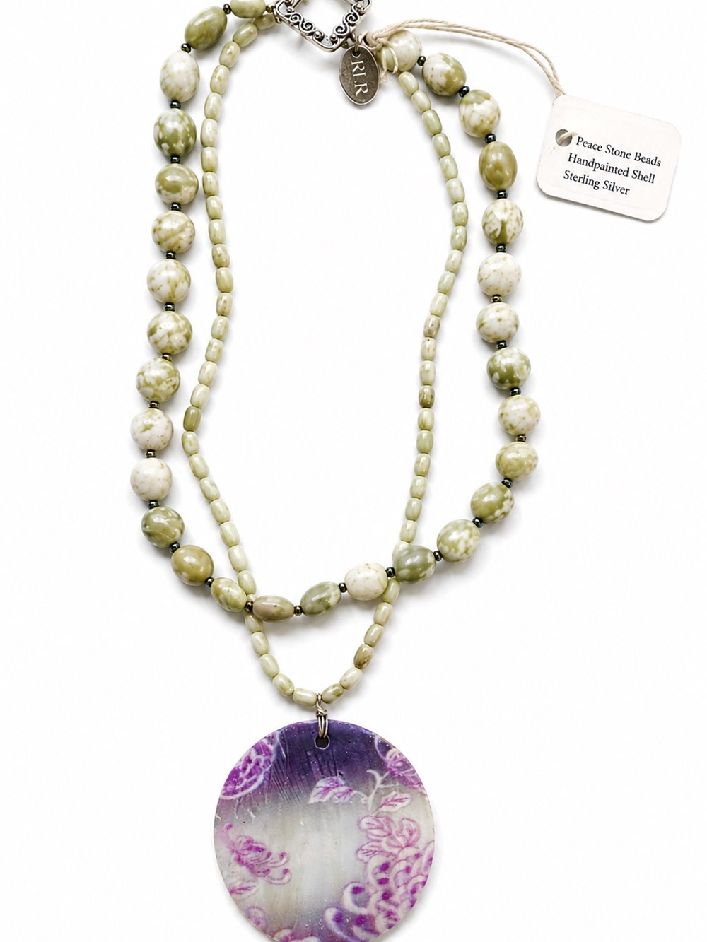 Handpainted Purple Shell Pendant Double-Strand Necklace with Green Beads